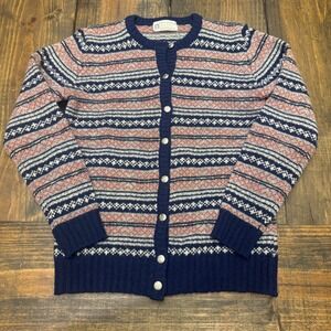 Aston Vintage Shetland Wool Fair Isle Cardigan Navy Red White Womens L Hong Kong
